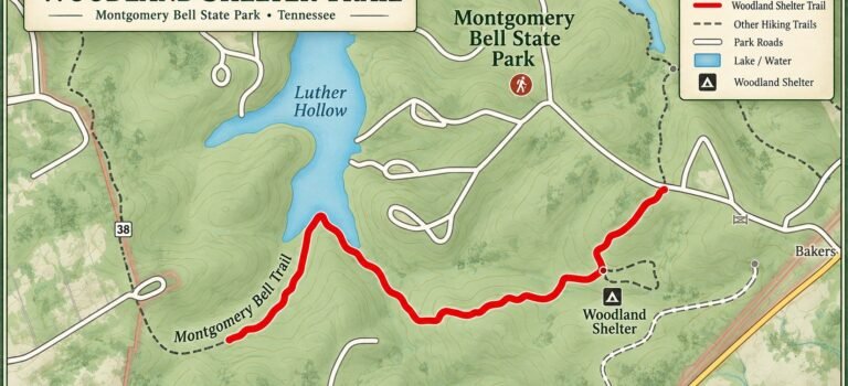 Illustrated orientation map of Woodland Shelter Trail at Montgomery Bell State Park