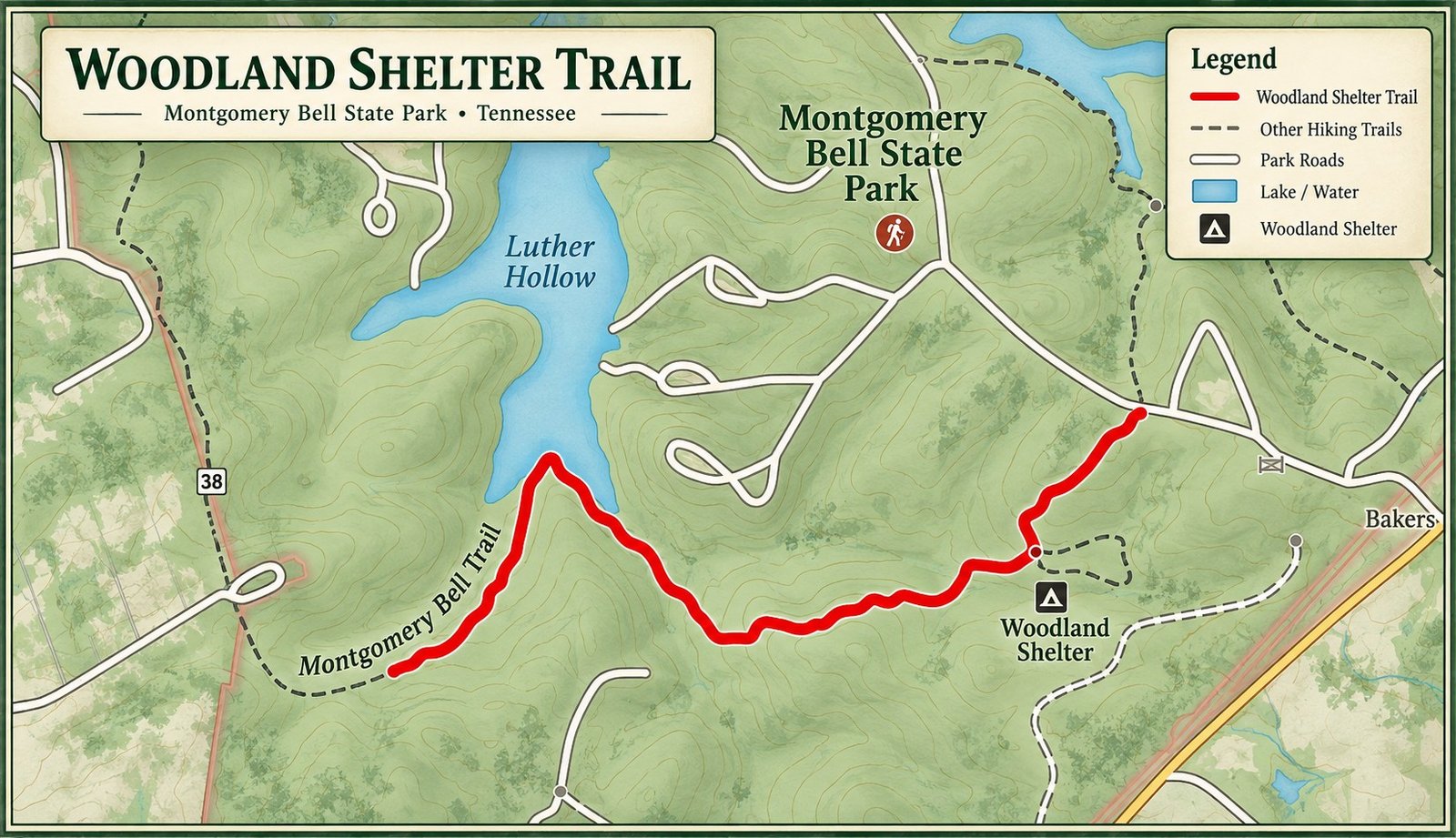 Illustrated orientation map of Woodland Shelter Trail at Montgomery Bell State Park